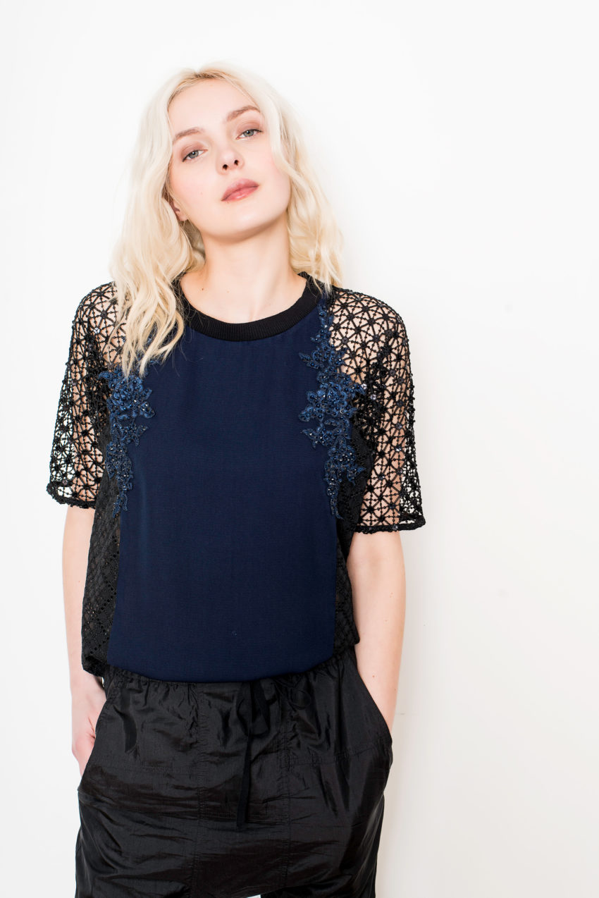 KANE TEE – Indigo Twill + Schiffly + Chemical Lace – 100% POLYESTER